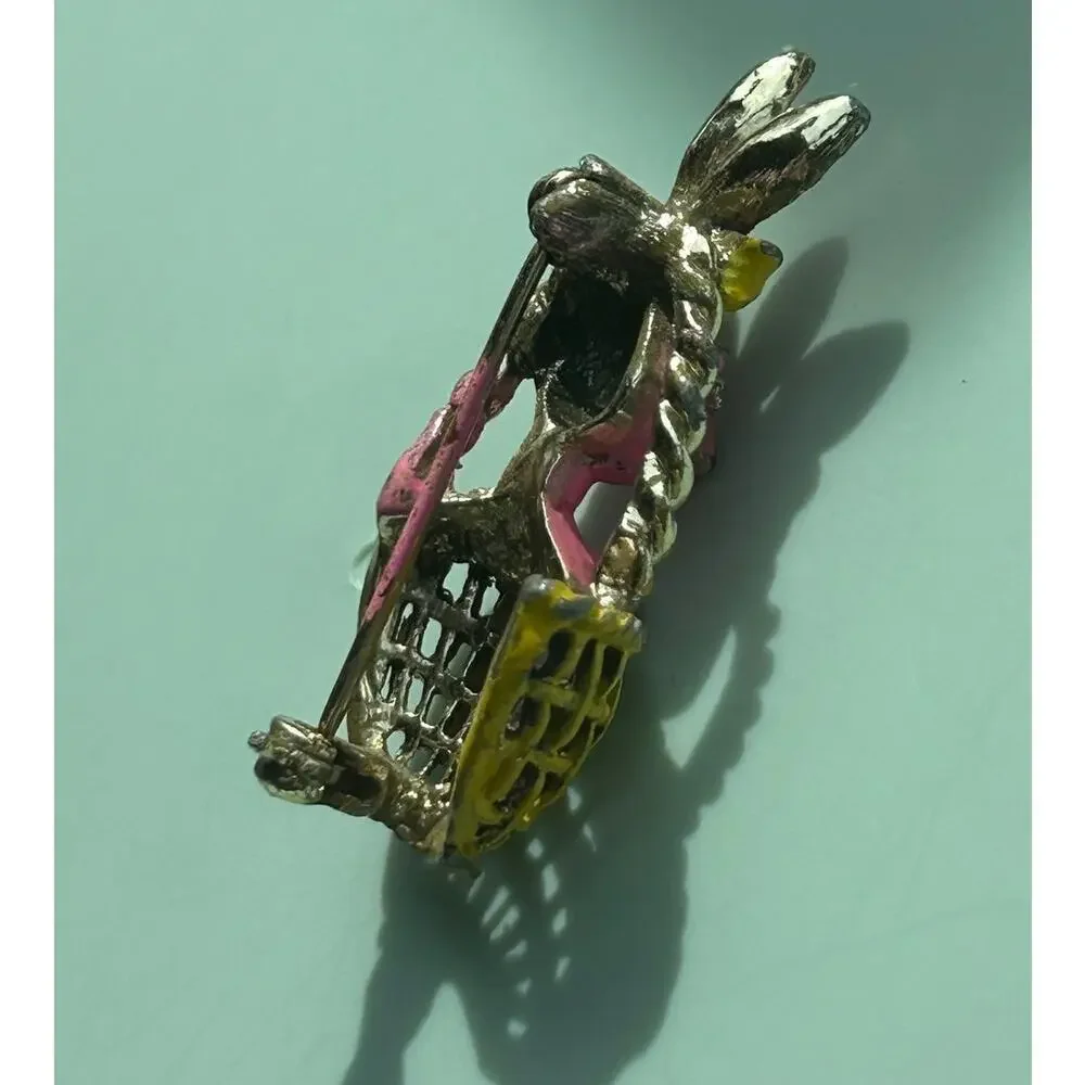 Vintage Hand-Painted Enamel Bunny in Basket Brooch | Easter Pink Rabbit Pin